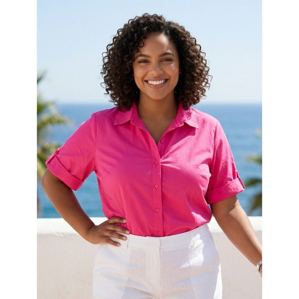 Plus Size Hot Pink Button Down Shirt 2X 18W 20W Collared Top Career Work Blouse